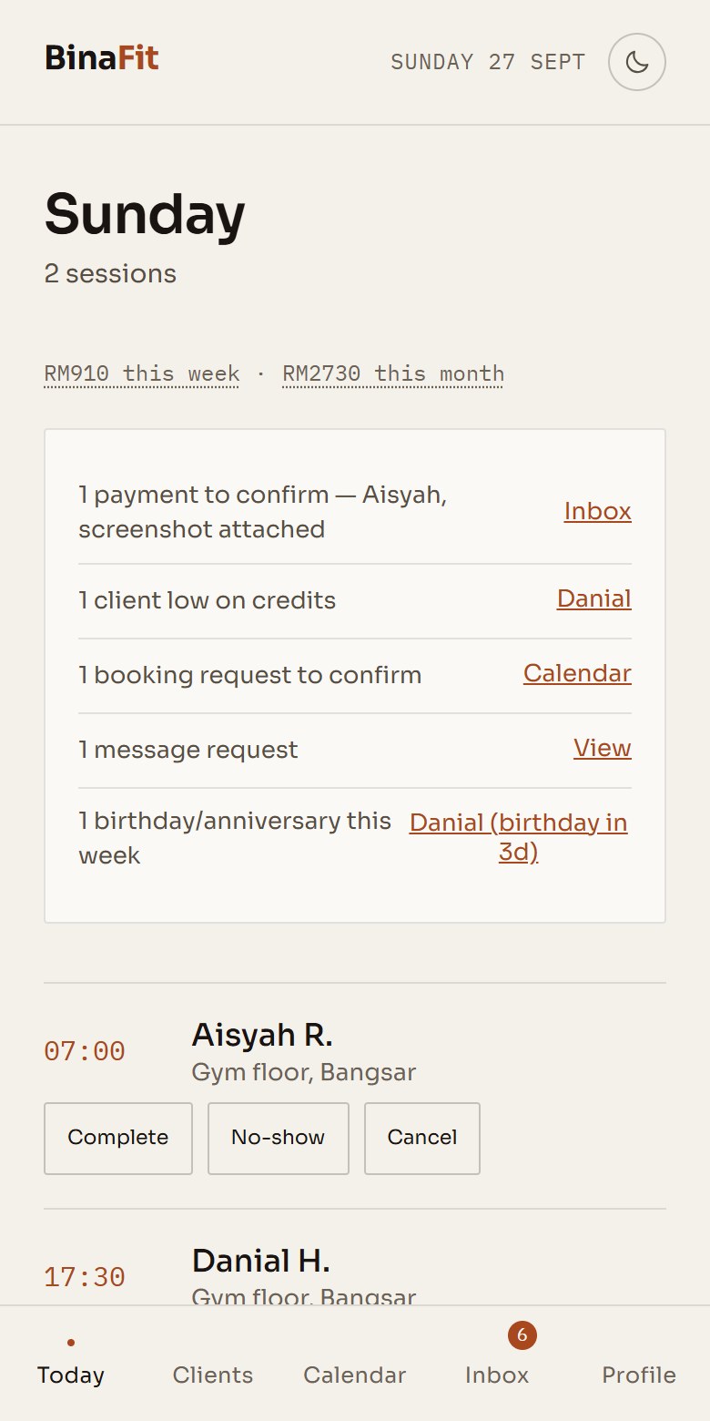 BinaFit's Today screen